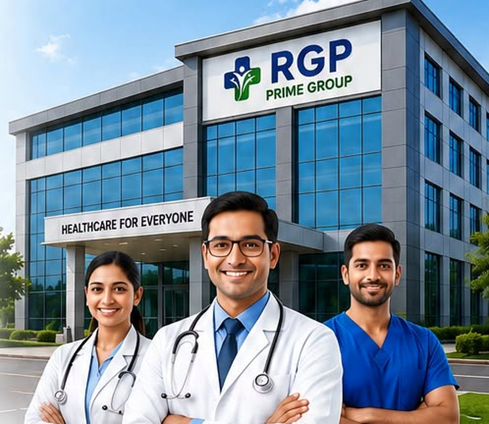 An RGP Prime Group network hospital with three of its doctors standing at the entrance